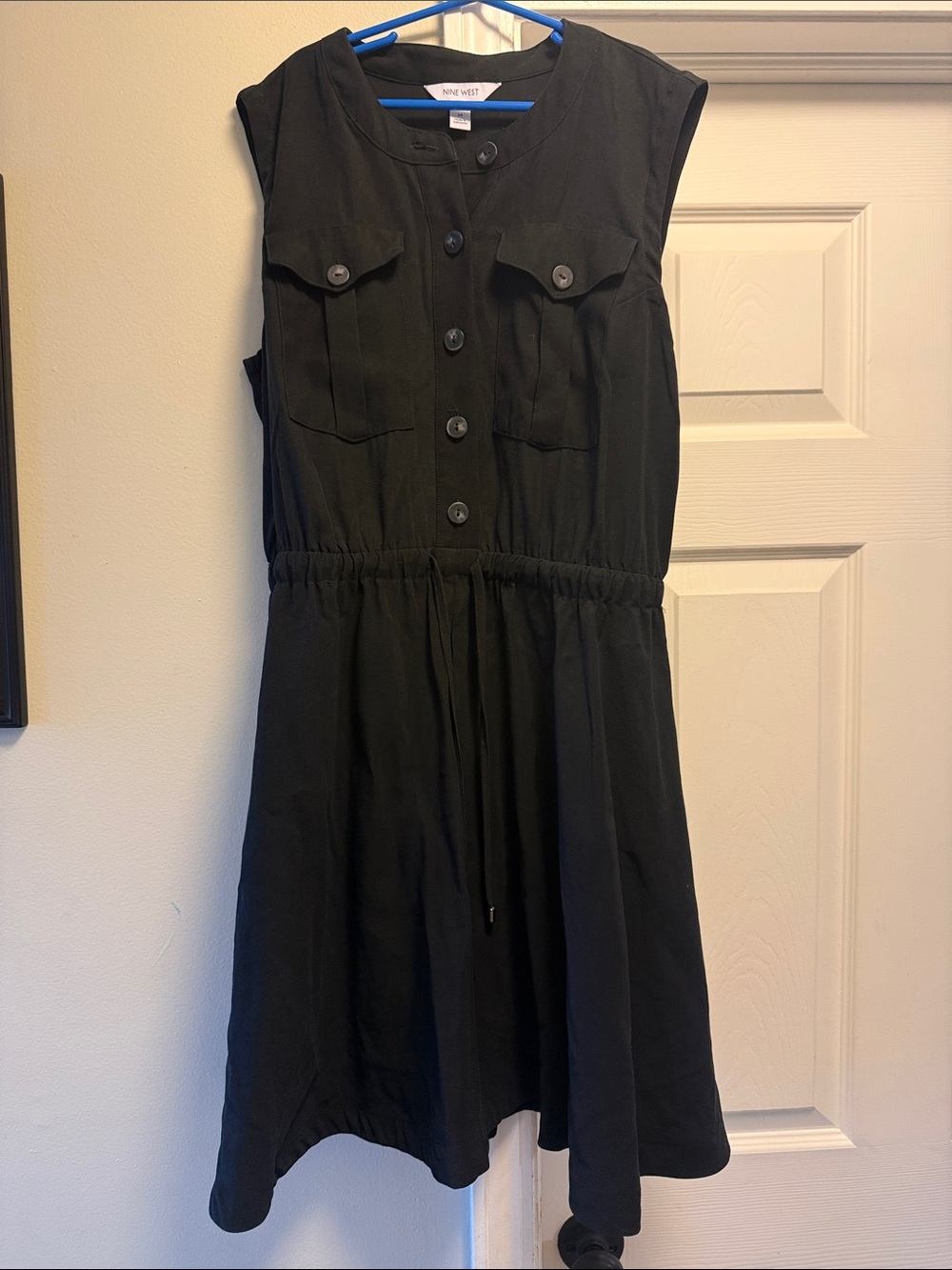 Nine West Black Sleeveless Button-Front Drawstring Midi Dress